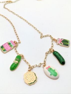 Handcrafted Pickle Charm Necklace In Gold & Green